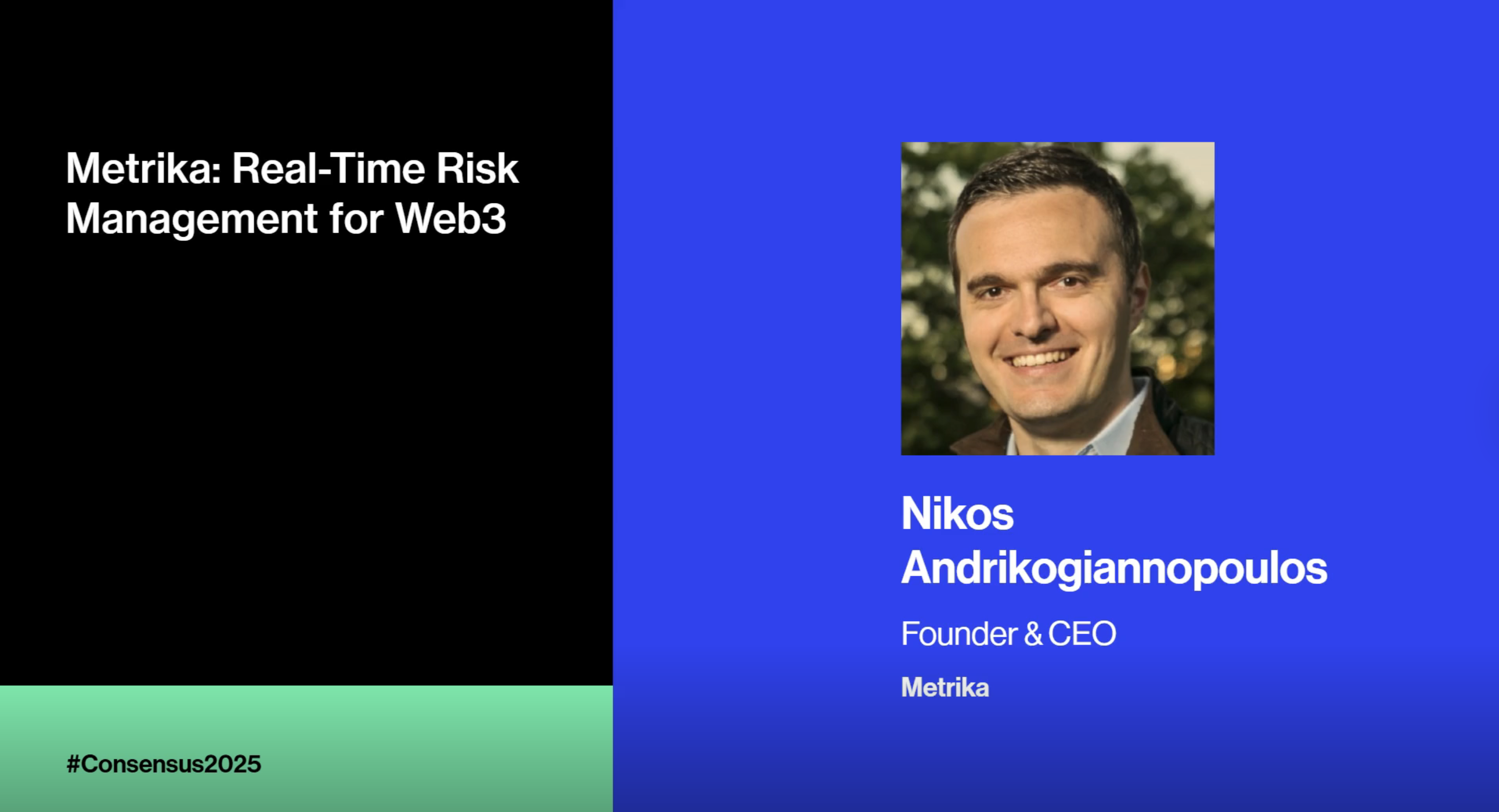 Nikos Andrikogiannopoulos presenting at Consensus 2025 Startup Spotlight